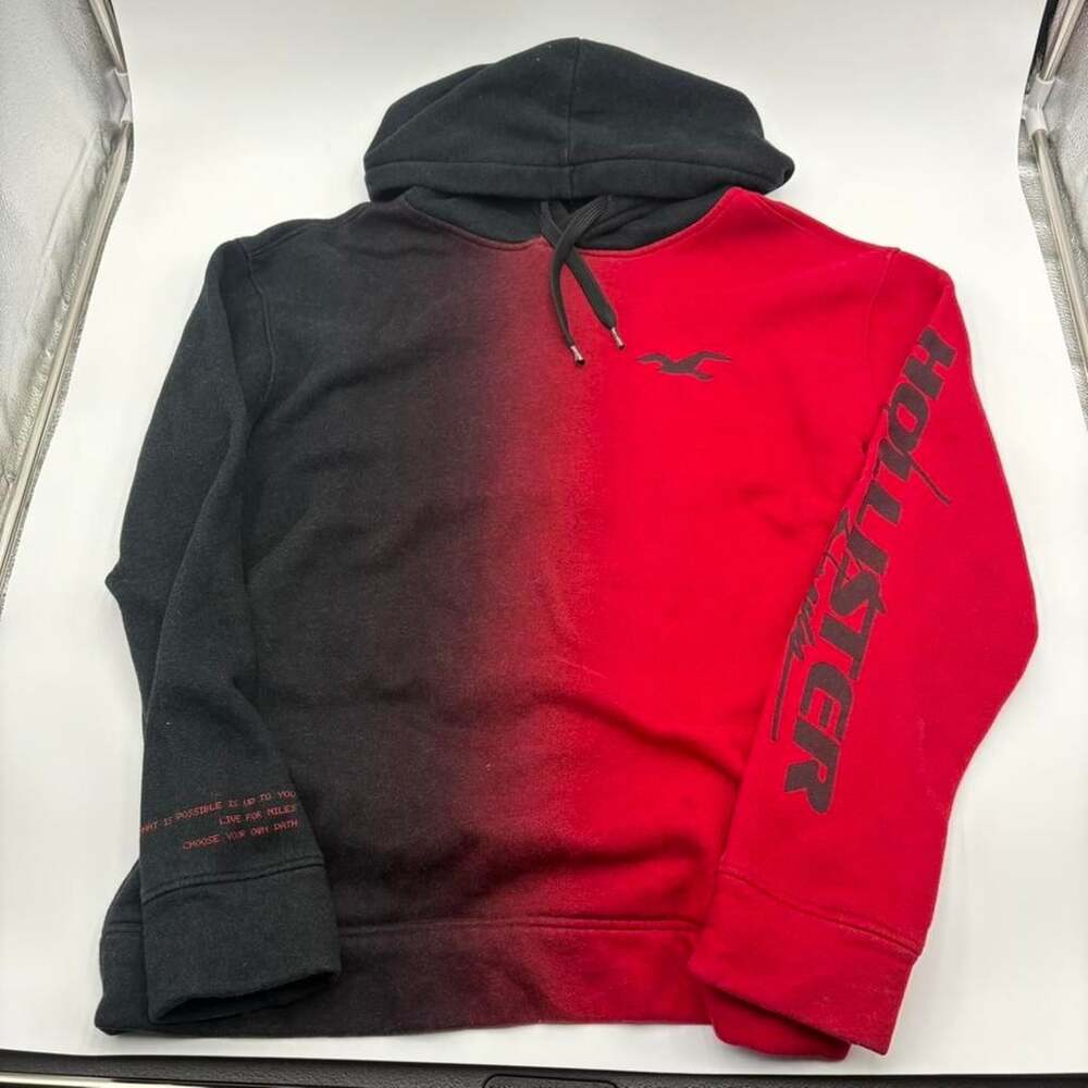 Hollister Men's Black Red Ombre Gradient Logo Sleeve Pullover Hoodie